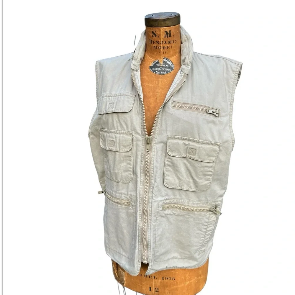 Vintage Banana Republic Men Safari Utility Bush Vest Hooded Hunting Fishing 80’s